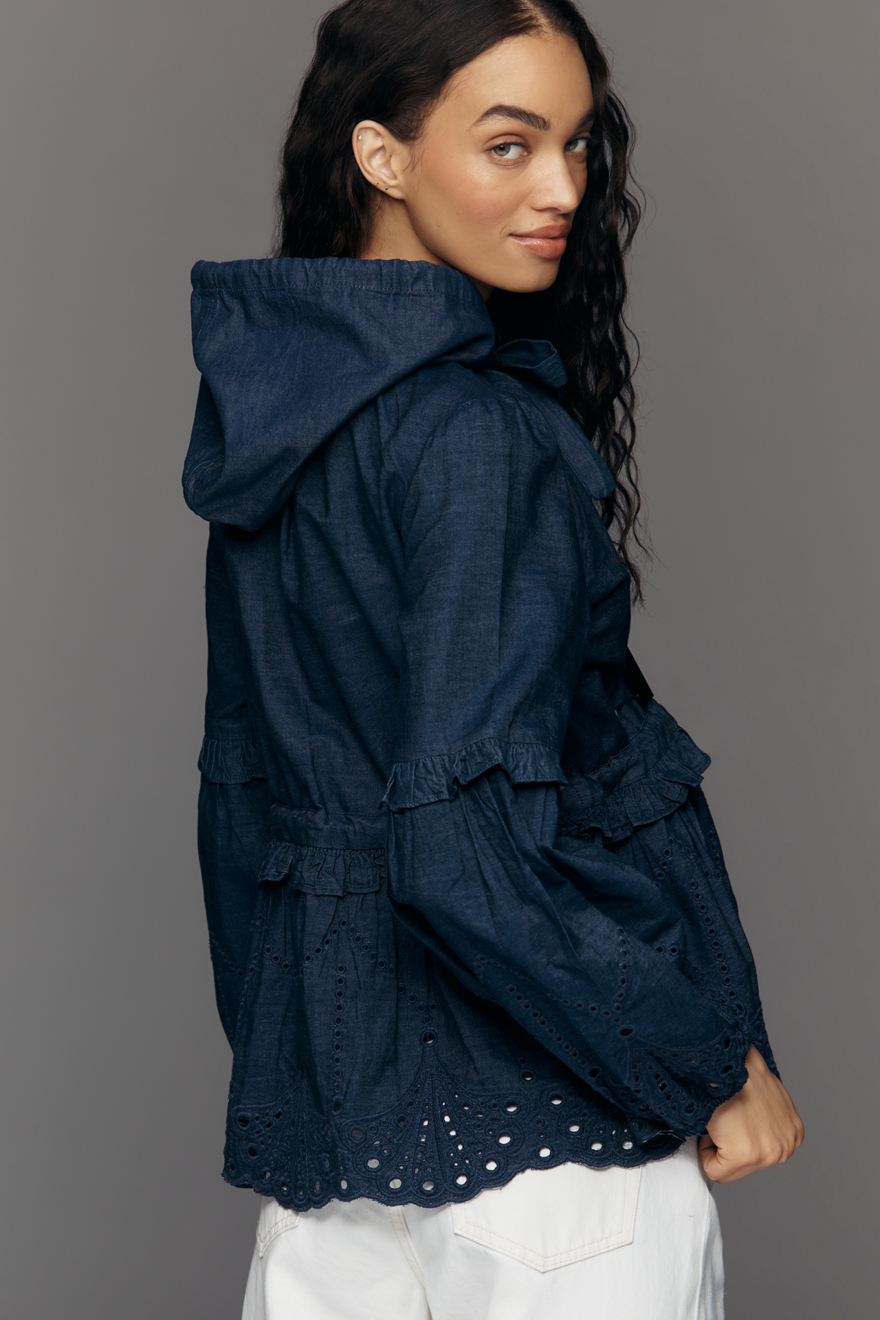 Maeve Embroidered Hooded Denim Jacket