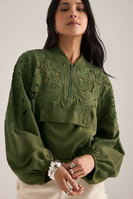 Maeve Embroidered Half-Zip Bomber Jacket