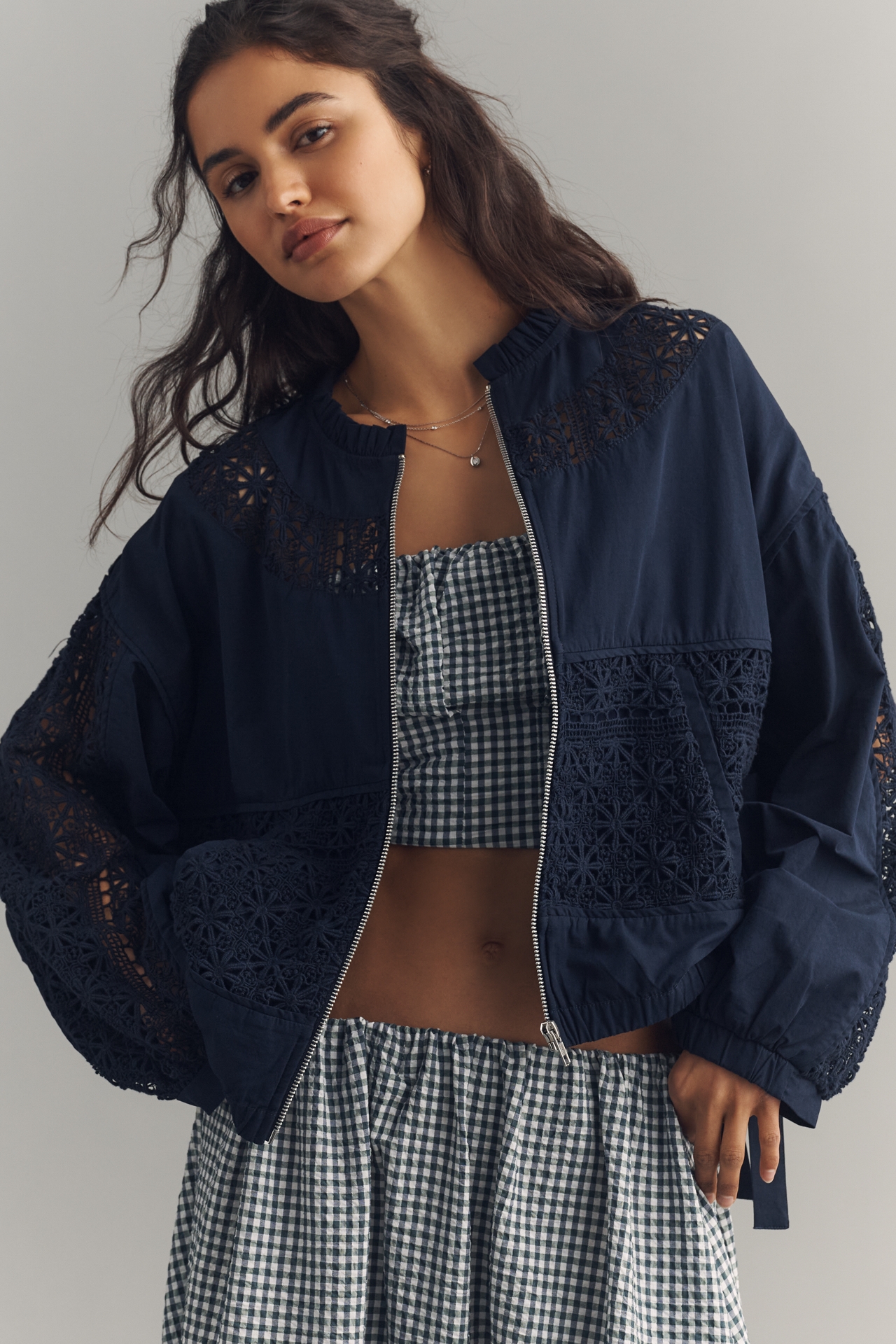 By Anthropologie Lace Bomber Jacket