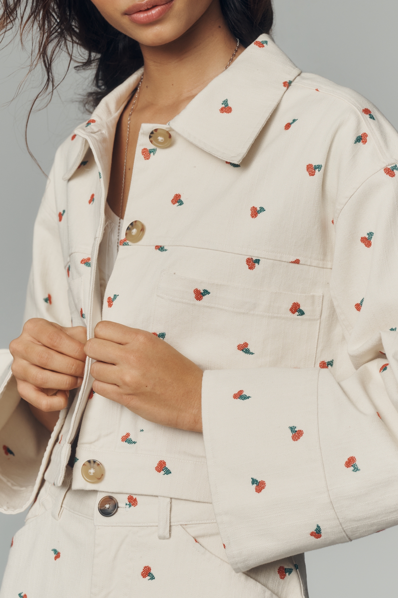 Pilcro Cotton Embroidered Icon Crop Utility Jacket