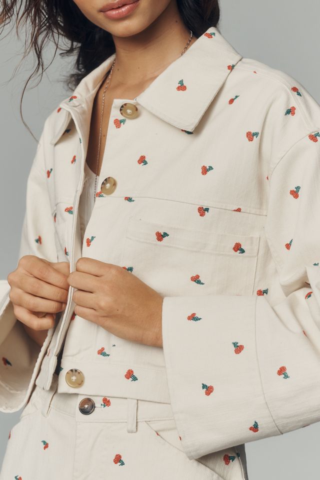 ボリオリ⚡️K-jacket⚡️46⭐️新ロゴ⭐️ベージュ⭐️製品染コットン春夏 Pilcro Cotton Embroidered Icon Crop Utility Jacket | Anthropologie