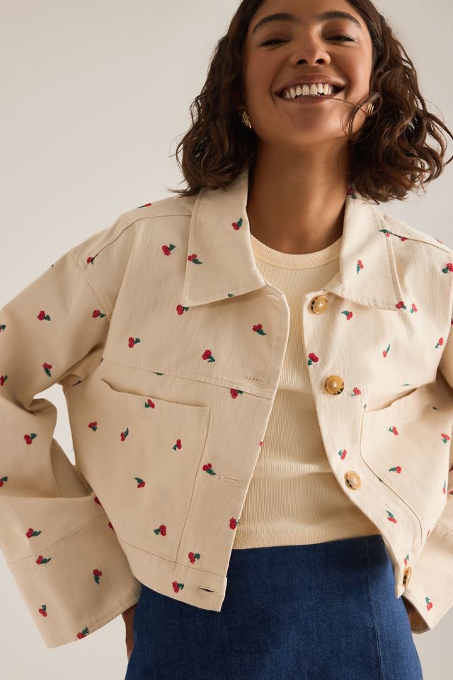 Pilcro Cotton Embroidered Icon Crop Utility Jacket #4