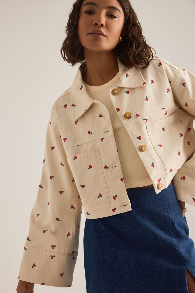 Pilcro Cotton Embroidered Icon Crop Utility Jacket #5