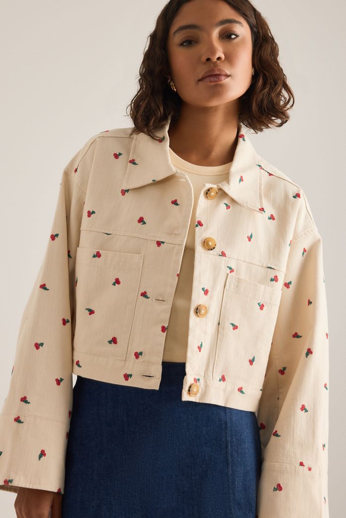Pilcro Cotton Embroidered Icon Crop Utility Jacket