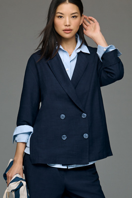 By Anthropologie Short-sleeve Oversized Blazer Jacket In Blue