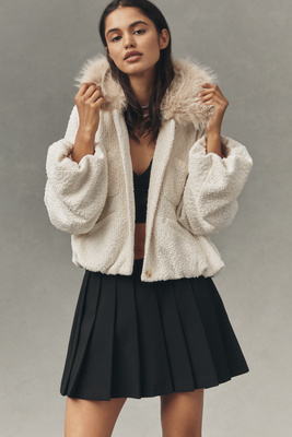 Maeve Faux-fur Collar Boucle Bubble Bomber Jacket In White