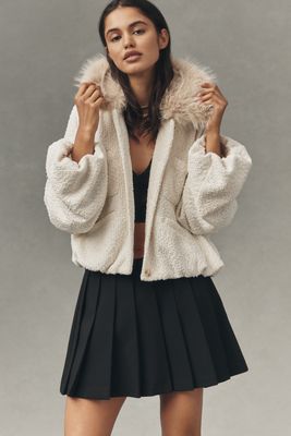 Maeve Faux-Fur Collar Boucle Bubble Bomber Jacket