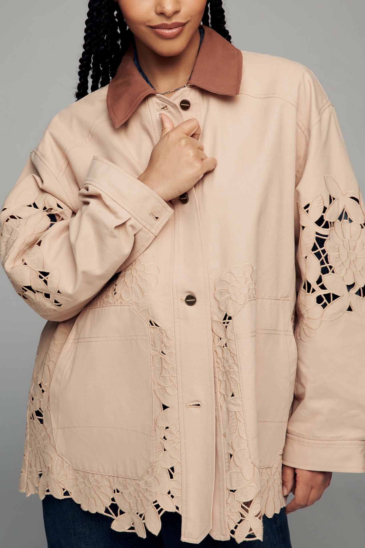 By Anthropologie Cotton Floral Cutwork Barn Jacket