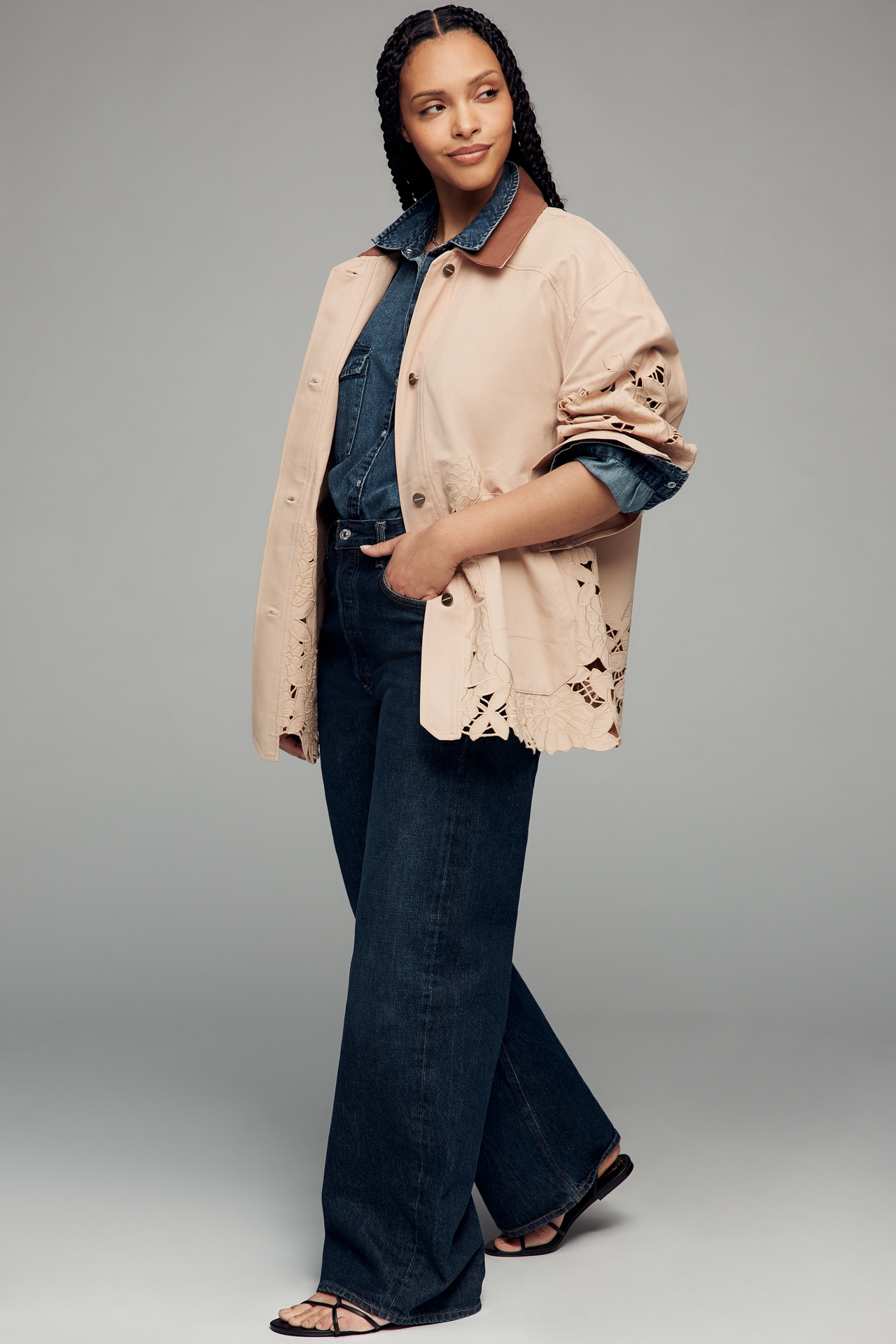 By Anthropologie Cotton Floral Cutwork Barn Jacket