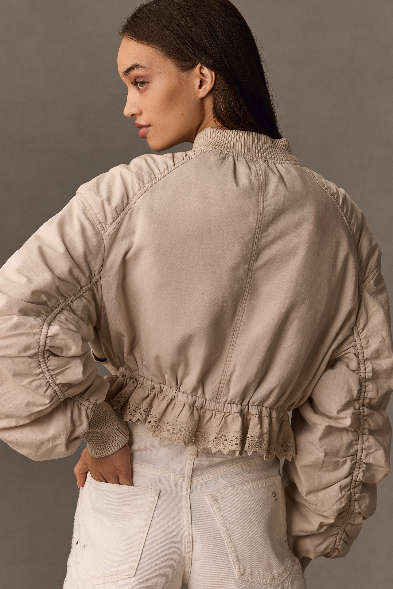 By Anthropologie Ruched Lace-Trim Bomber Jacket