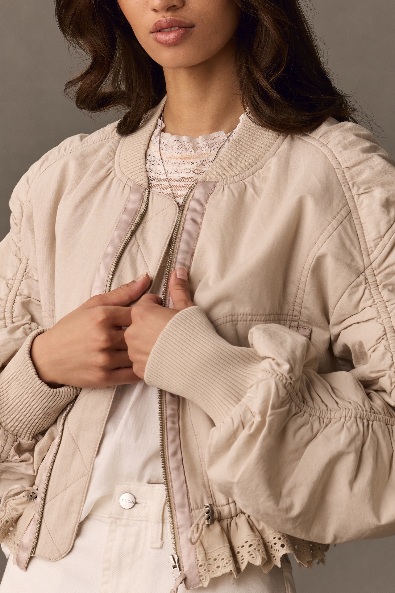 By Anthropologie Ruched Lace-Trim Bomber Jacket