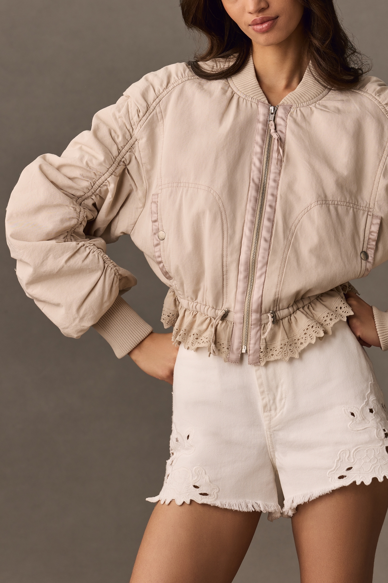 By Anthropologie Ruched Lace-Trim Bomber Jacket