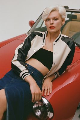 By Anthropologie Colorblock Faux Leather Bomber Jacket In Black