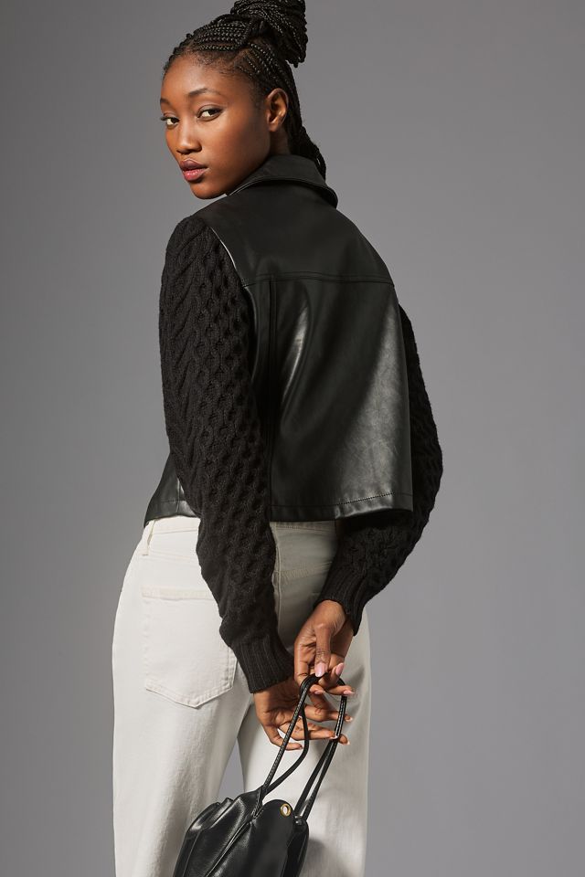 By Anthropologie Sweater-Sleeve Cropped Faux Leather Jacket #1