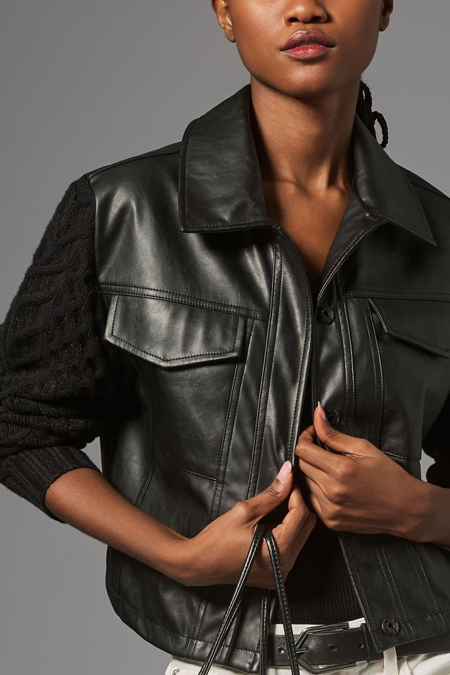 By Anthropologie Sweater-Sleeve Cropped Faux Leather Jacket #3