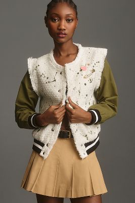 By Anthropologie Paint Splatter Tweed Bomber Jacket In White