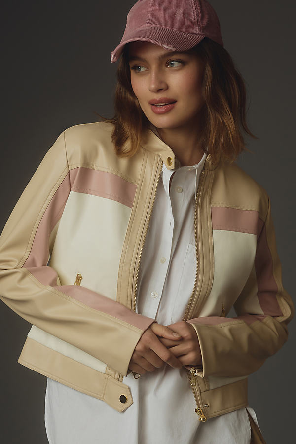By Anthropologie Faux Leather Colorblock Bomber Jacket In White