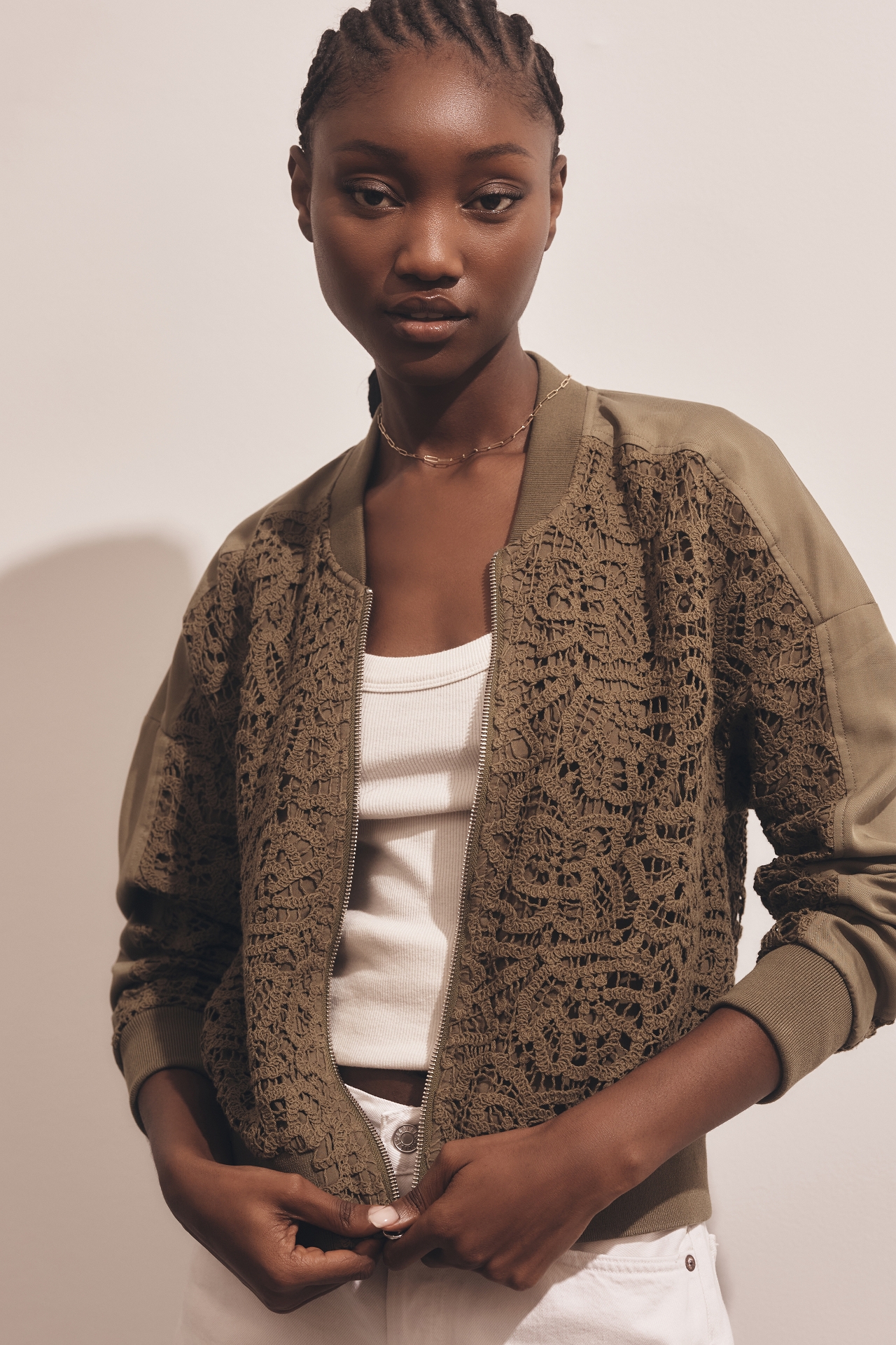 By Anthropologie Crochet Bomber Jacket