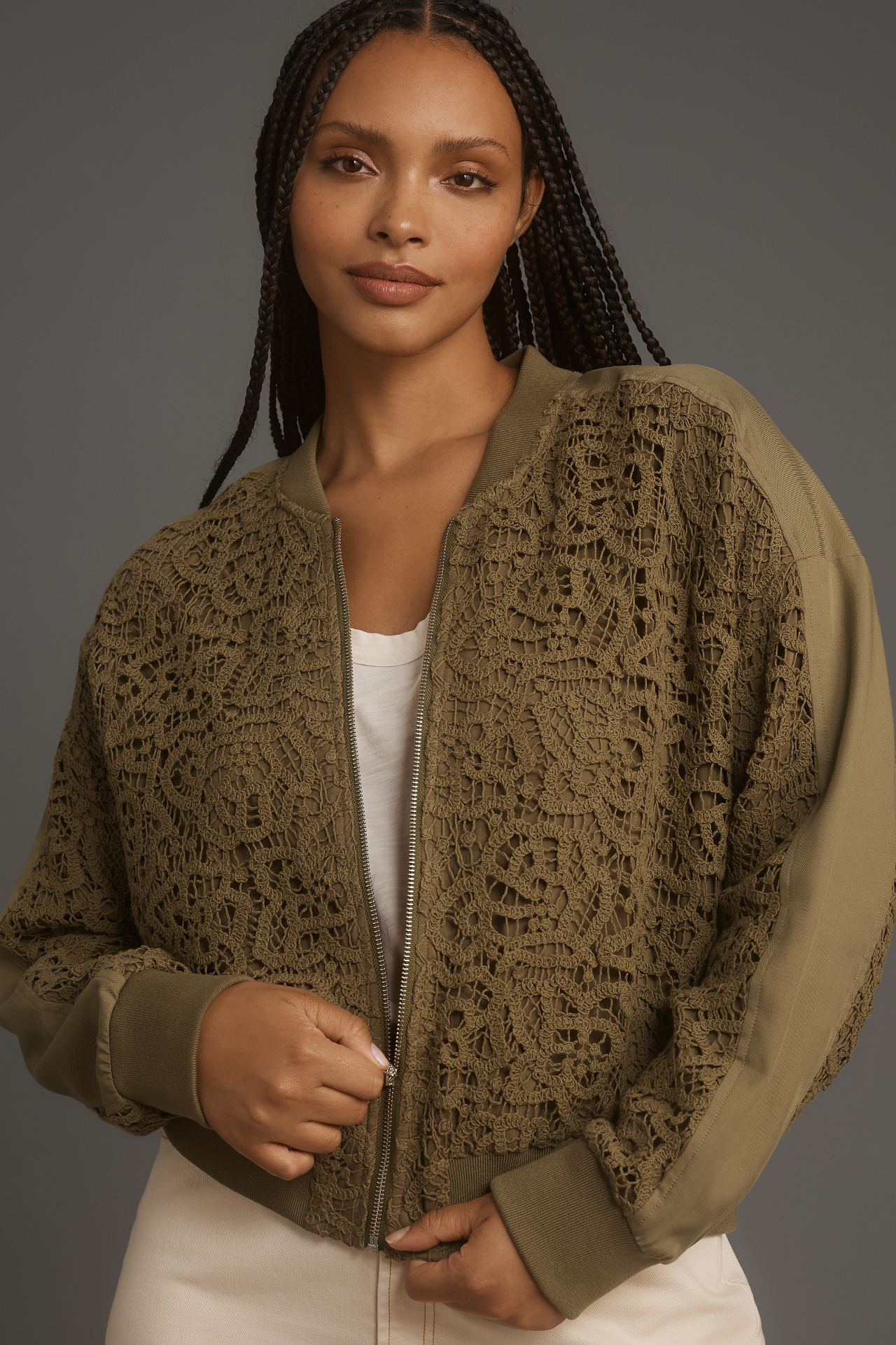 By Anthropologie Crochet Bomber Jacket