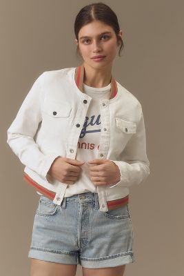 Shop By Anthropologie Denim Varsity Bomber Jacket In White