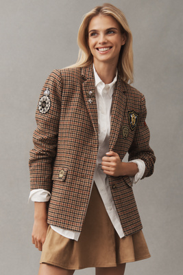 By Anthropologie Patches Houndstooth Blazer Jacket In Sand