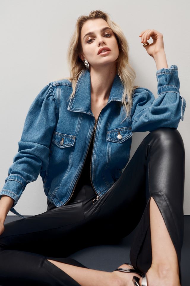 Maeve Puff-Sleeve Denim Bomber Jacket