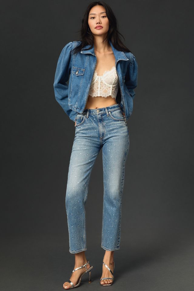 Maeve Puff-Sleeve Denim Bomber Jacket #3