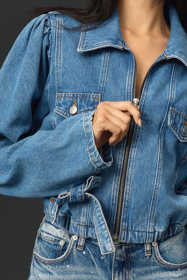 Maeve Puff-Sleeve Denim Bomber Jacket #4
