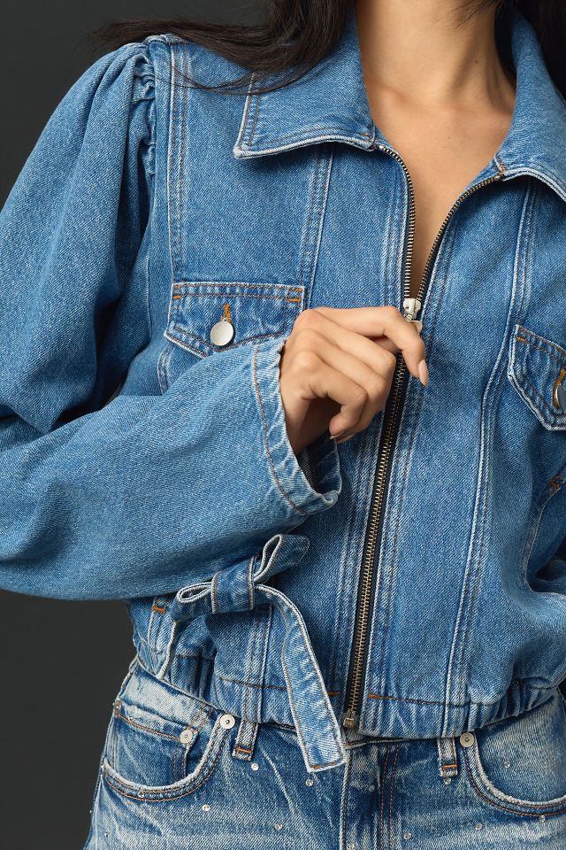 Maeve Puff-Sleeve Denim Bomber Jacket