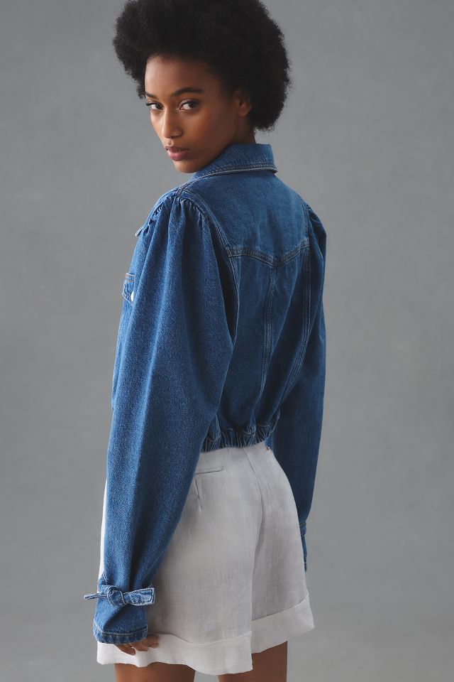 Maeve Puff-Sleeve Denim Bomber Jacket #5