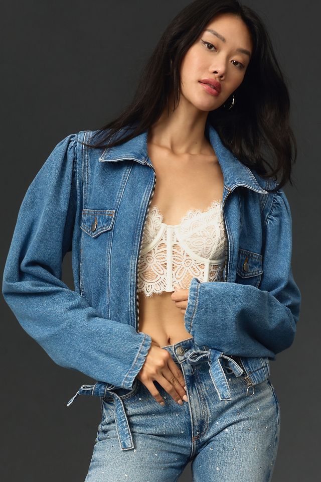 Maeve Puff-Sleeve Denim Bomber Jacket #1