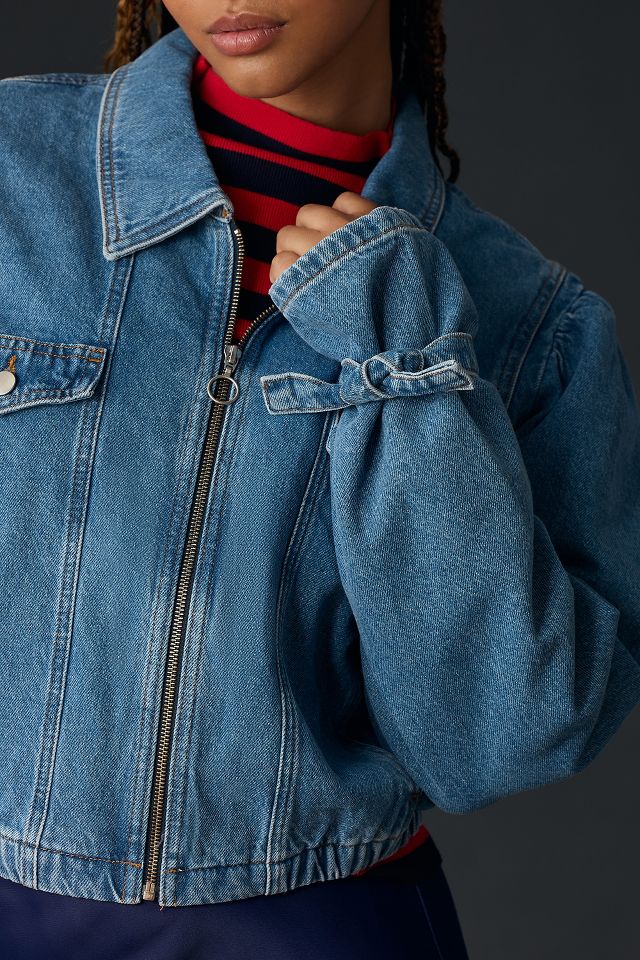 Maeve Puff-Sleeve Denim Bomber Jacket #7