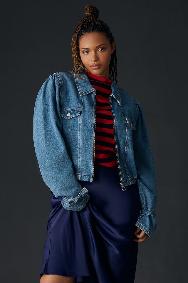 Maeve Puff-Sleeve Denim Bomber Jacket #6