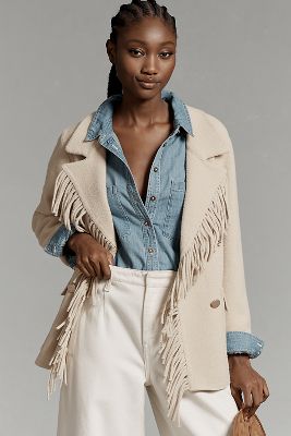 Nvlt Knit Fringe Blazer Coatigan Jacket In Beige