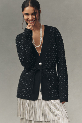 Nvlt Crystal-embellished Belted Knit Blazer Jacket In Black