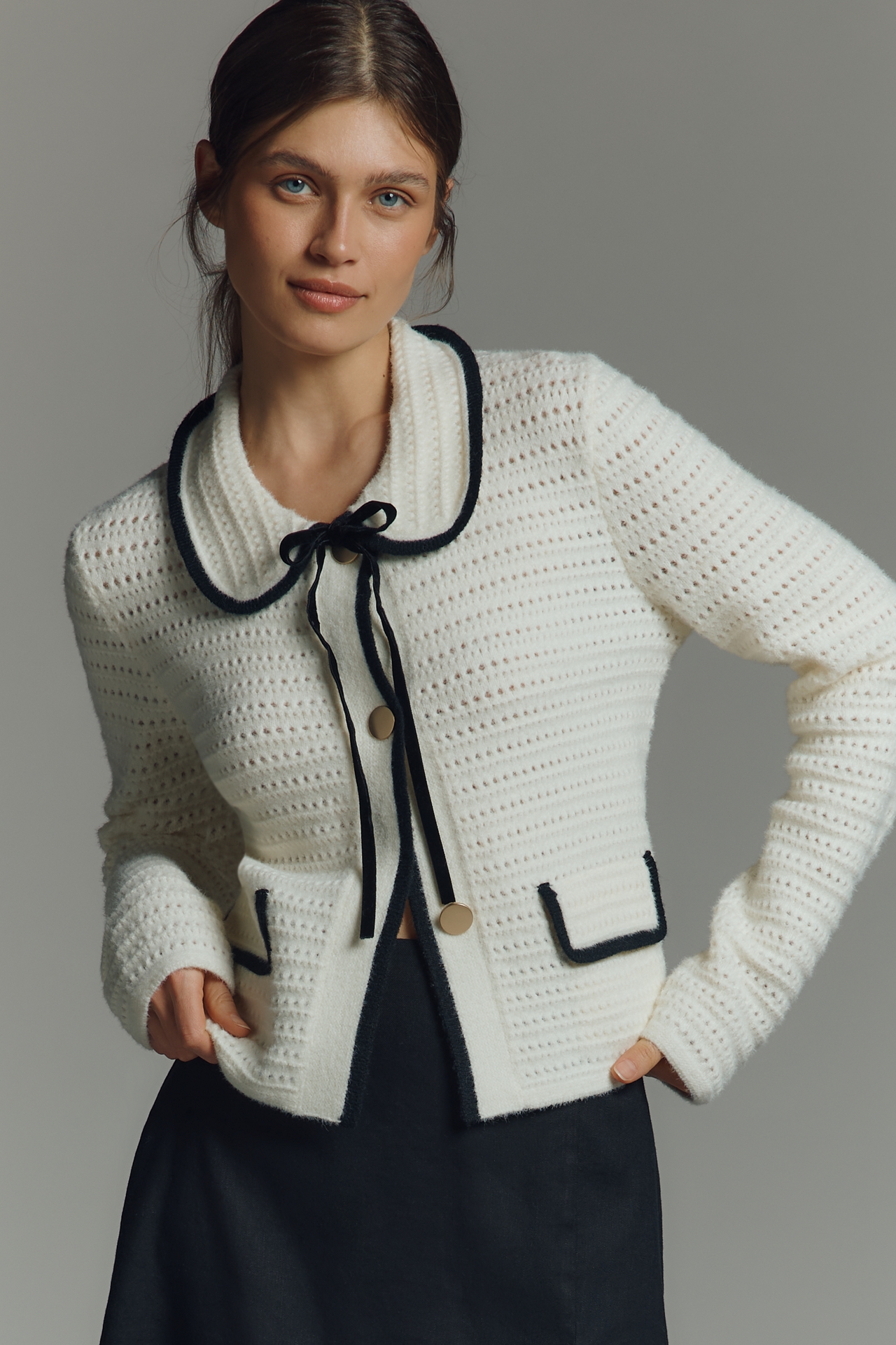NVLT Crochet Knit Collared Tie Jacket