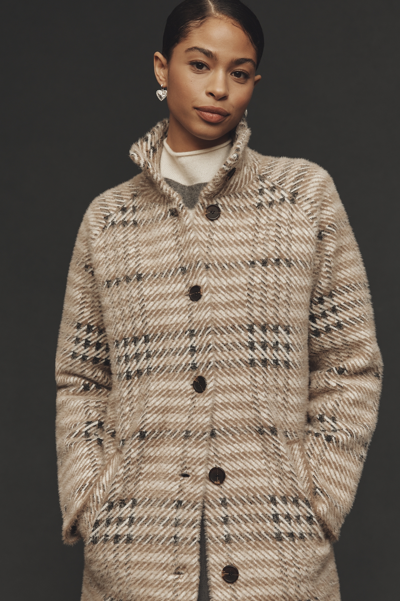 NVLT Eyelash Knit Houndstooth Plaid Coatigan