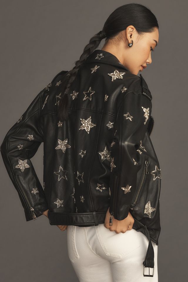 One Teaspoon Embroidered Stars Leather Moto Jacket | Anthropologie