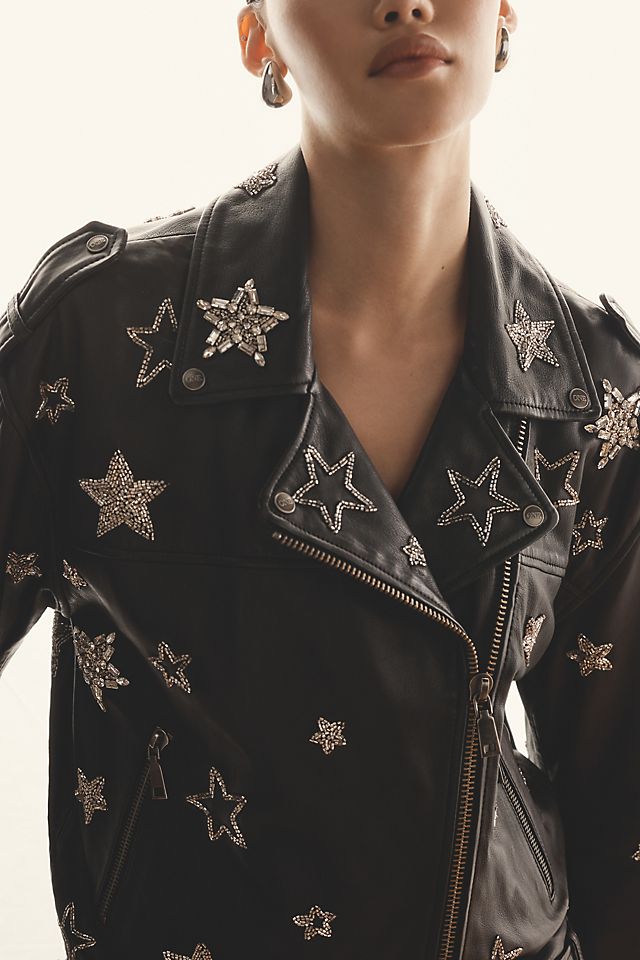 One Teaspoon Embroidered Stars Leather Moto Jacket | Anthropologie