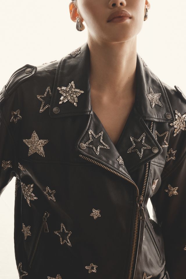 One Teaspoon | Anthropologie Leather Moto Jacket Embroidered Stars