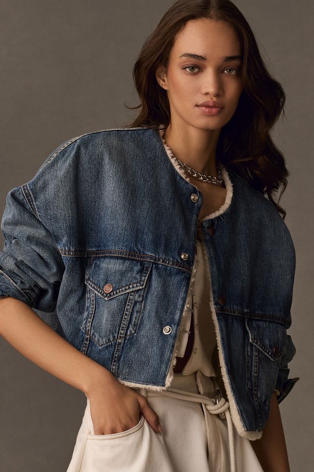 Denimist Oversized Cropped Sherpa-Lined Denim Jacket | Anthropologie
