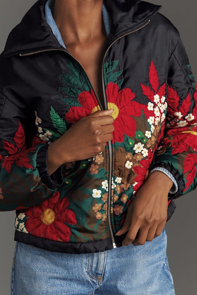 By Anthropologie Floral Embroidered Bomber Jacket