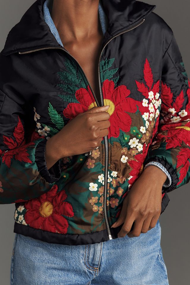 By Anthropologie Floral Embroidered Bomber Jacket