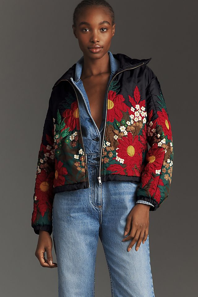 By Anthropologie Floral Embroidered Bomber Jacket