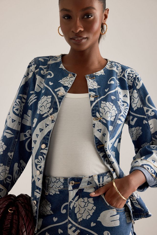 Never Fully Dressed Amara Collarless Printed Denim Jacket #5