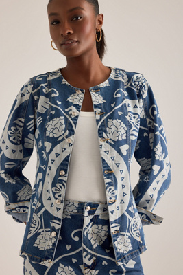 Never Fully Dressed Amara Collarless Printed Denim Jacket In Blue