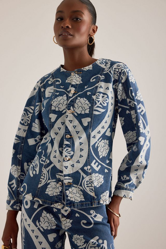Never Fully Dressed Amara Collarless Printed Denim Jacket #3