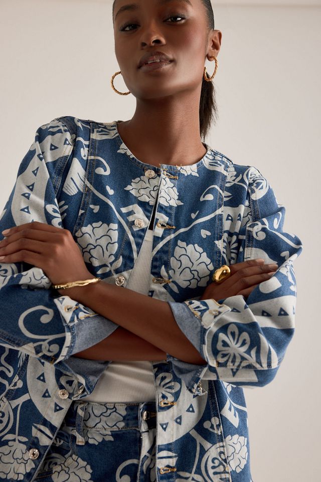 Never Fully Dressed Amara Collarless Printed Denim Jacket | Anthropologie UK