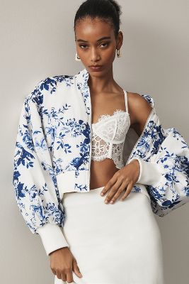 By Anthropologie Cropped Floral Print Bomber Jacket