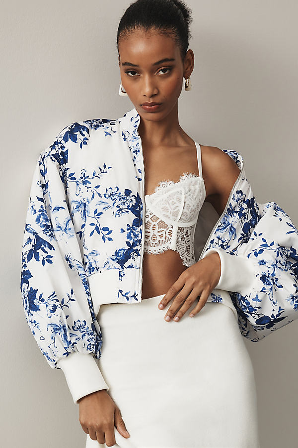 By Anthropologie Cropped Floral Print Bomber Jacket